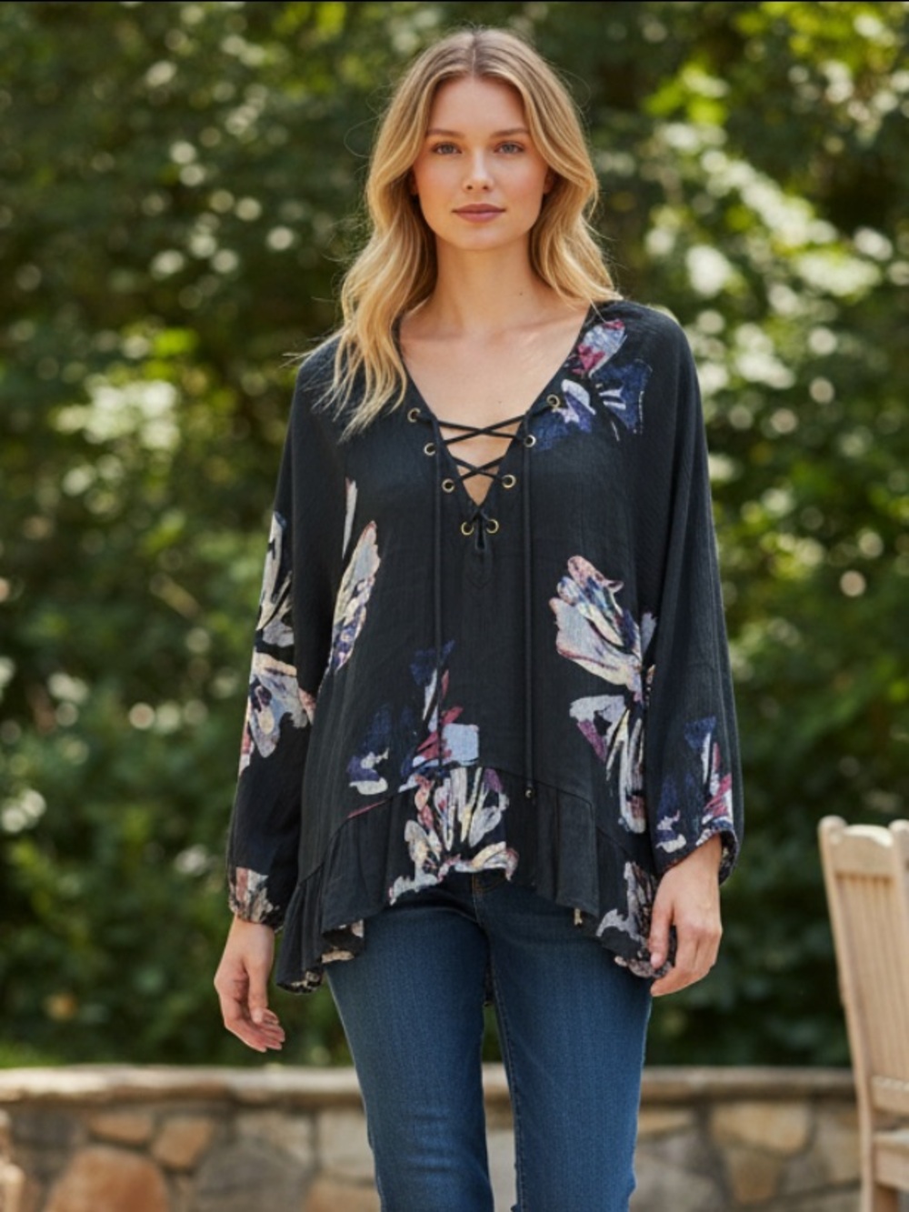 Vintage Havana Navy Floral Lace-Up Tunic